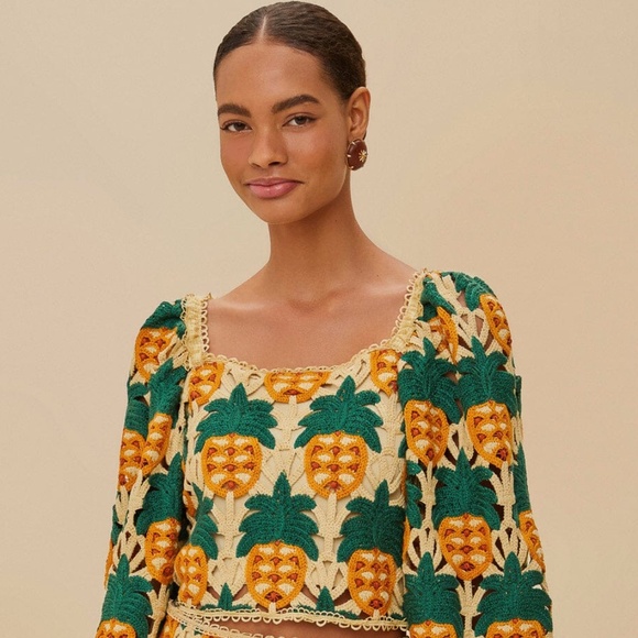 Farm Rio Sand Pineapple Crochet Top - Picture 1 of 8